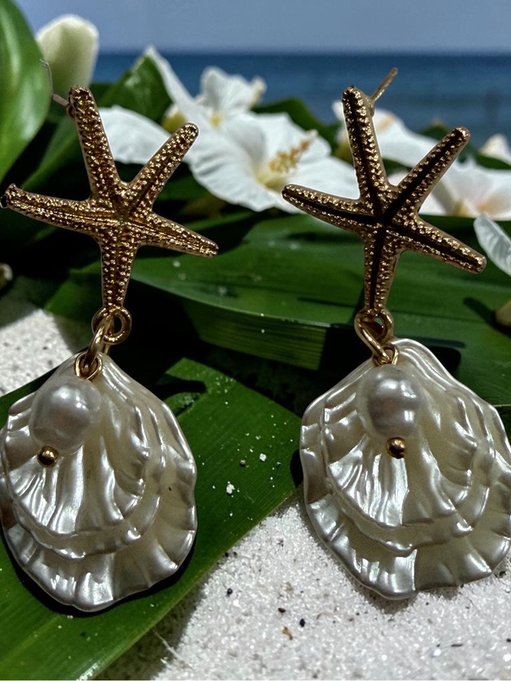 Gold Starfish and Pearl Shell Drop Earrings